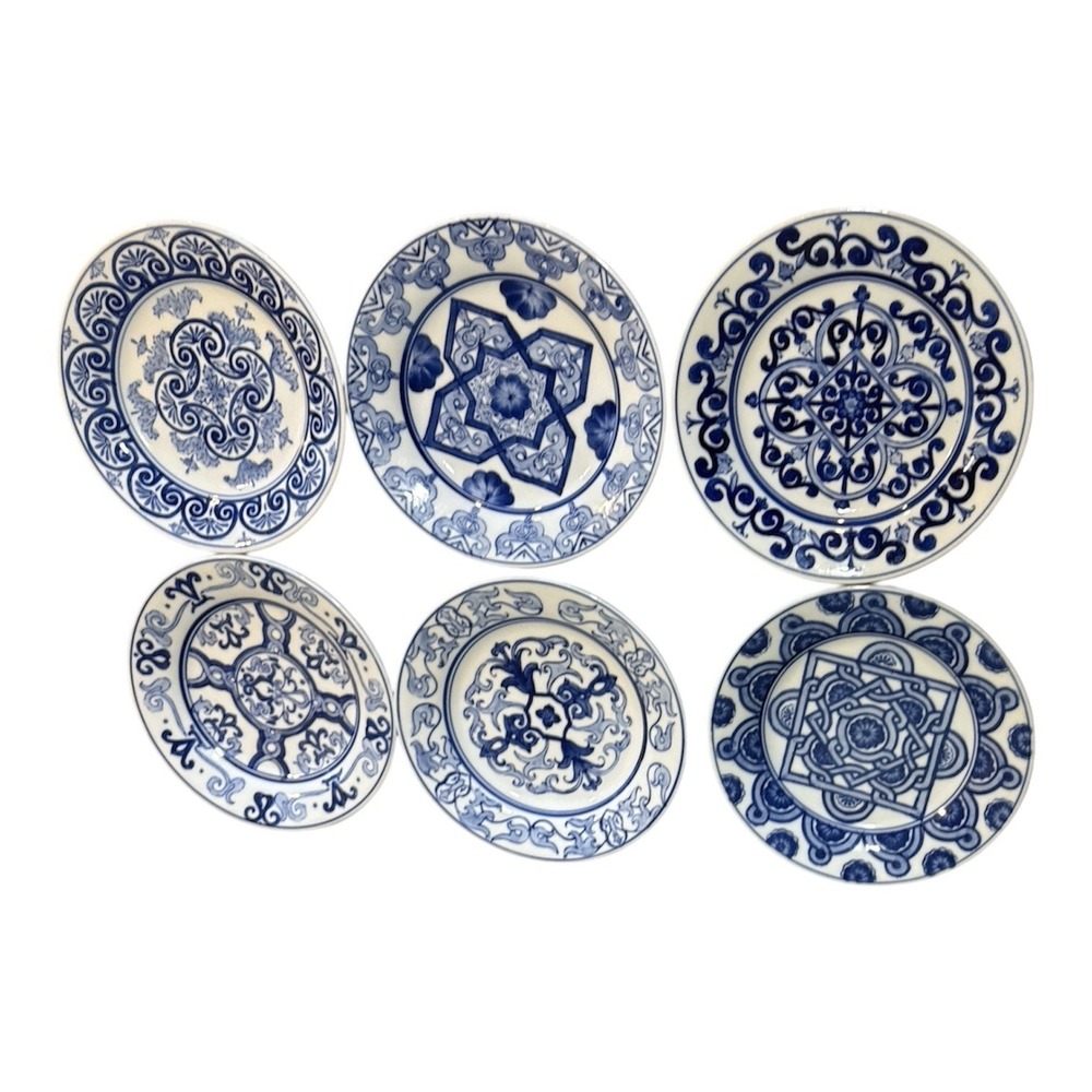 Bombay Set of 6 vintage blue & white designer geometric fretwork salad plates 8"